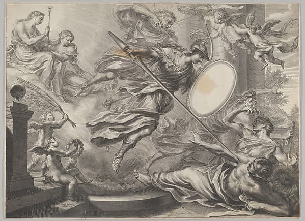Minerva armed with a shield and lance attacking three nearly prone figures