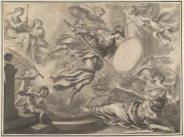 Minerva armed with a shield and lance attacking three nearly prone figures
