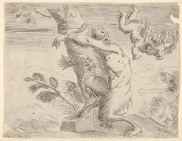 Winged putto whipping a satyr