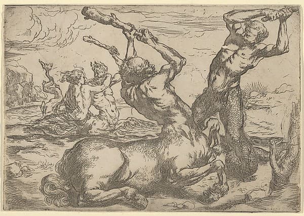 Battle Between a Centaur and a Triton with a Triton