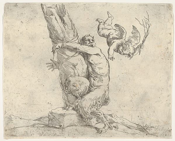 A winged putto flogging a satyr tied to a tree