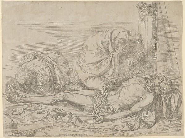 The Virgin, Saint John the Baptist, and Mary Magdalen weeping over Christ's dead body