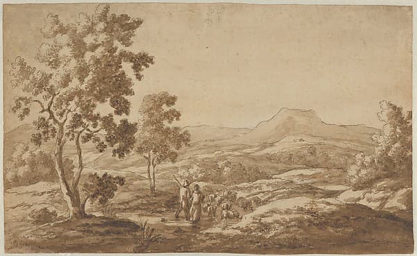 Southern Landscape with Shepherds and Sheep; verso: Study of a Sheep's Head (?)
