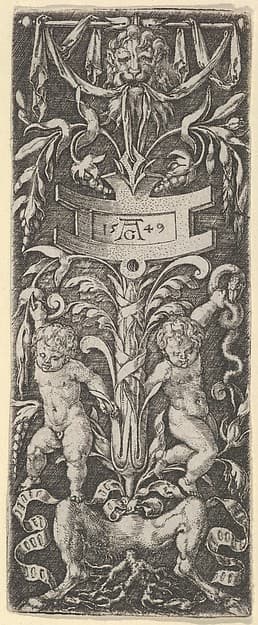 Panel of Ornament with Two Nude Boys Standing on the Legs of a Satyr