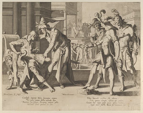 Cambyses Commanding the Flaying of the Judge Sisamnes, from Thronus Justitiae, tredecim pulcherrimus tabulis..., plate 6