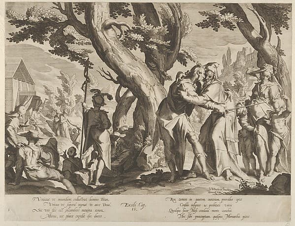 The Meeting of Moses and Jethro, from Thronus Justitiae, tredecim pulcherrimus tabulis..., plate 1