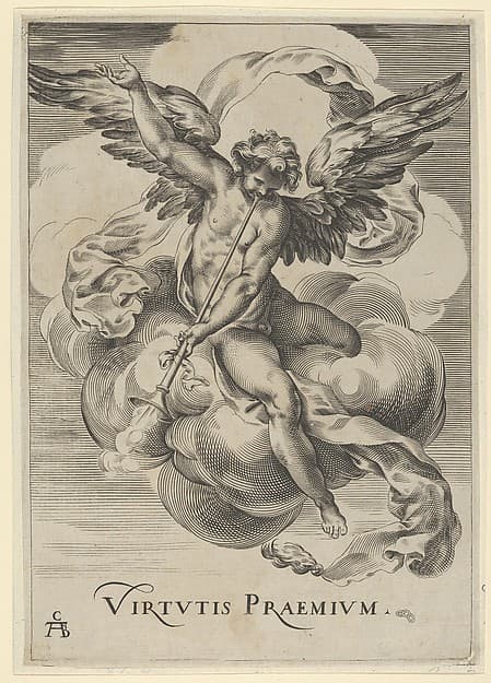 Winged genius seated on a cloud, sounding a trumpet with his left hand extended upwards