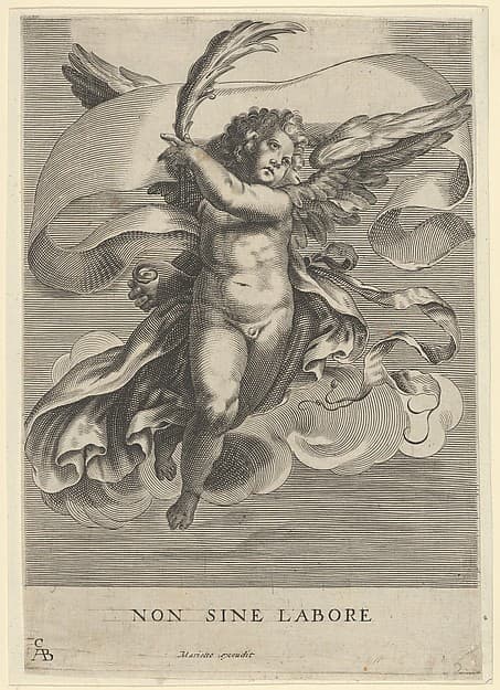 Winged genius holding a olive branch and a banderole