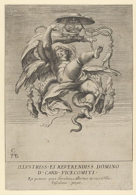 Winged putto holding a cardinal's hat over a dragon head
