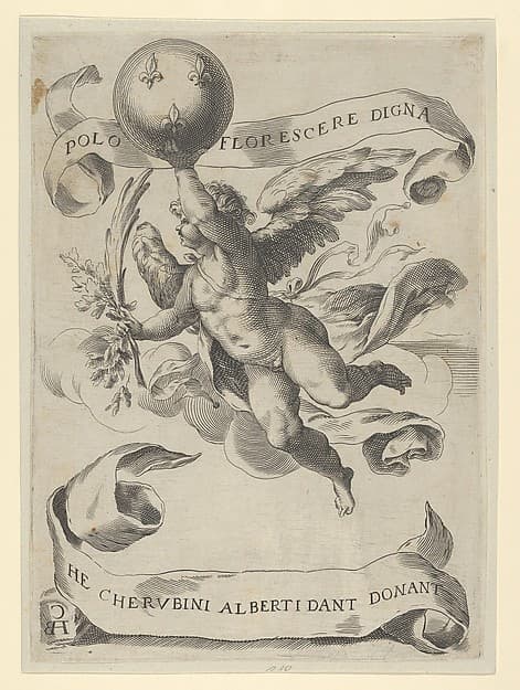 Winged genius with the Arms of the Medici in his right hand and foliage in his left