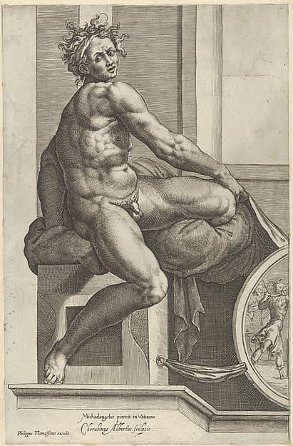 A naked man (Ignudo), twisting towards the right, holding drapery, after Michelangelo's 'The Last Judgment' fresco in the Sistine Chapel