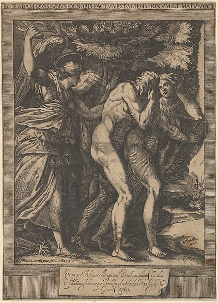 The Expulsion of Adam and Eve with an angel wielding a sword behind them