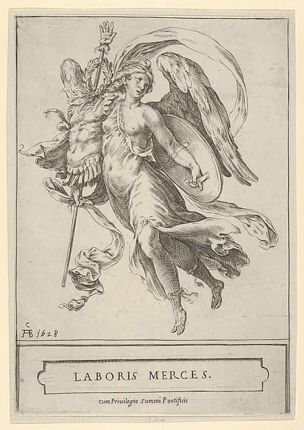 Winged Victory holding a trophy of arms in her right hand and a shield in her left