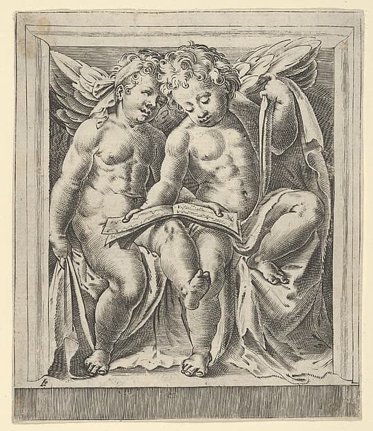 Two seated angels, facing left, reading from a song book, from The Angels' Concert
