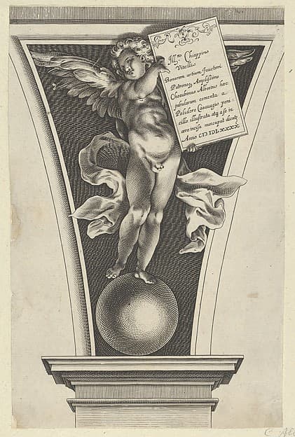 Winged putto holding a dedicatory plaque standing on an orb in an architectural detail