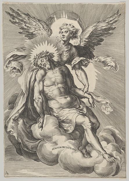 Christ supported by an angel standing on a cloud with light radiating behind them