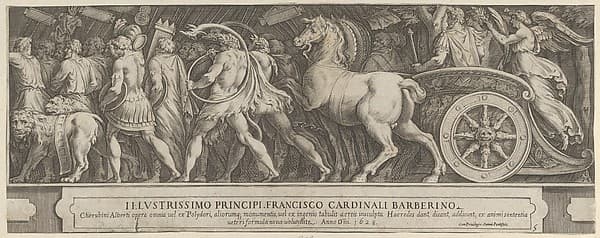 The Triumph of Two Roman Emperors (left-hand side) with a Roman Emperor riding in a triumphal chariot