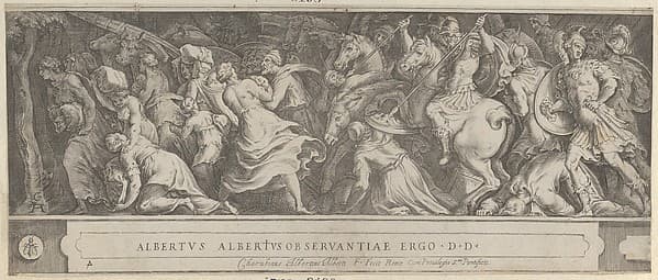 The Triumph of Two Roman Emperors (left-hand side) with soldiers on horseback and men, women, and children fleeing
