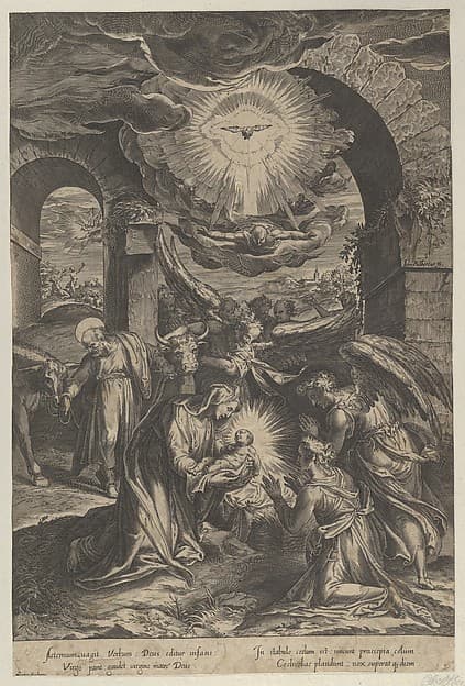 The Birth of Christ, who is held by the Virgin against a penumbra of light, adoring angels, and Joseph leading a donkey at left