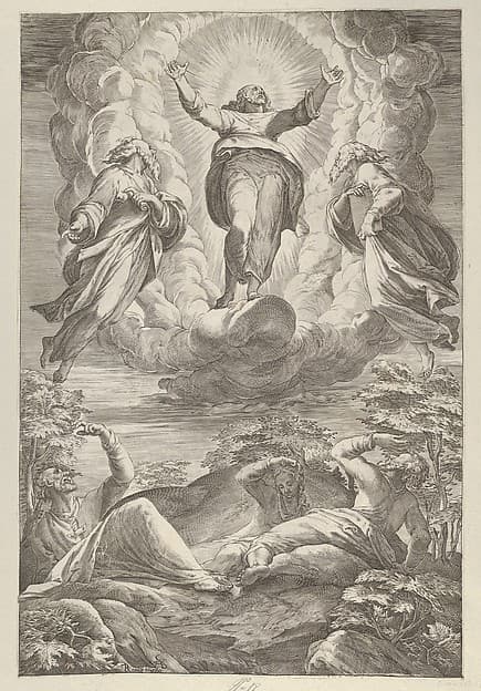 The Transfiguration with Christ flanked by two saints and with the Apostles below