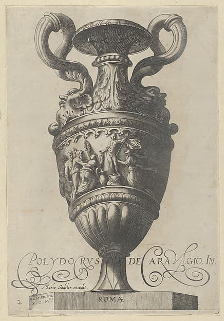 Plate 2: Two-handled vase with a nude figure on a pedestal at center, from "Antique Vases" (‘Vasa a Polydoro Caravagino’)