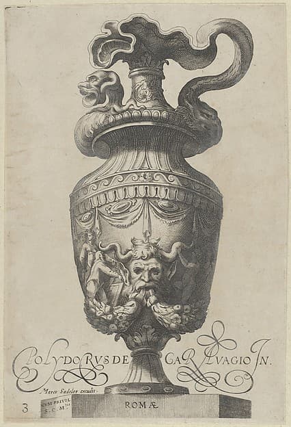 Plate 3: Vase with a satyr's mask and garlands, from Antique Vases (Vasa a Polydoro Caravagino)