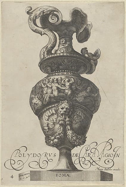 Plate 4: Vase or Ewer with a Frieze containing mermaids and centaurs, and below a lion's head with garlands and ribbons, from Antique Vases (‘Vasa a Polydoro Caravagino’)
