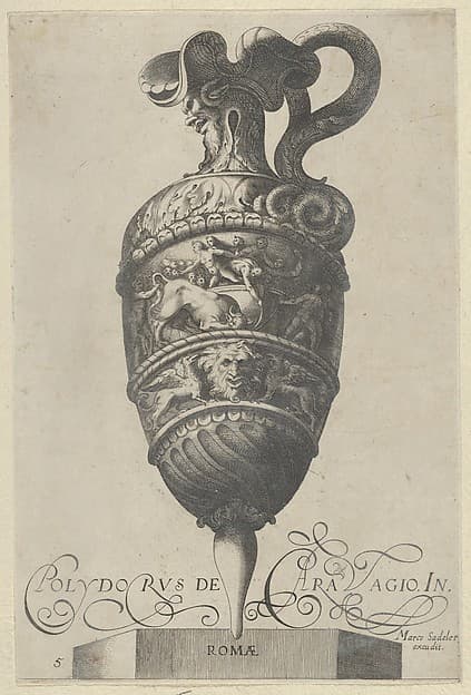 Plate 5: Vase or Ewer with a Double Frieze, the Top shows Men Wrestling a Bull, the Bottom contains a Mask and Two Griffins, from Antique Vases (Vasa a Polydoro Caravagino)