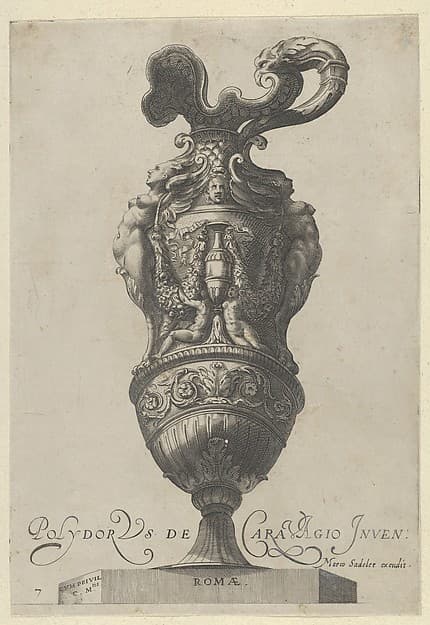 Plate 7: Vase or Ewer Decorated With a Vase Flanked by Putti and Two Large Female figures whose legs morph into griffin claws, from Antique Vases (Vasa a Polydoro Caravagino)