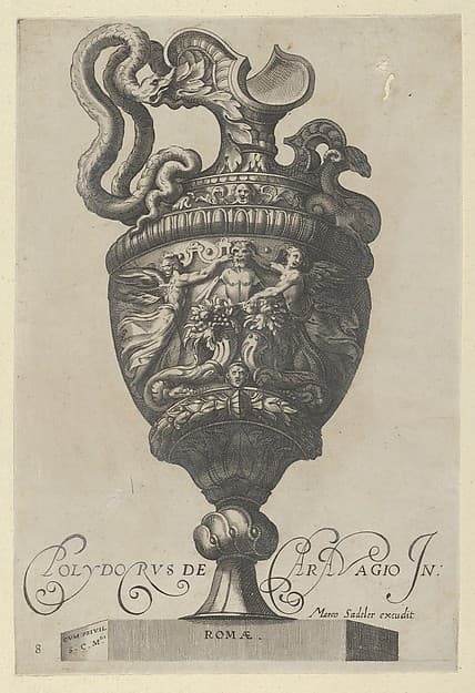 Plate 8: Vase or Ewer Decorated with a Satyr Figure, Behind Two Cornucopias, and Two Winged Victory Figures, from Antique Vases (‘Vasa a Polydoro Caravagino’)