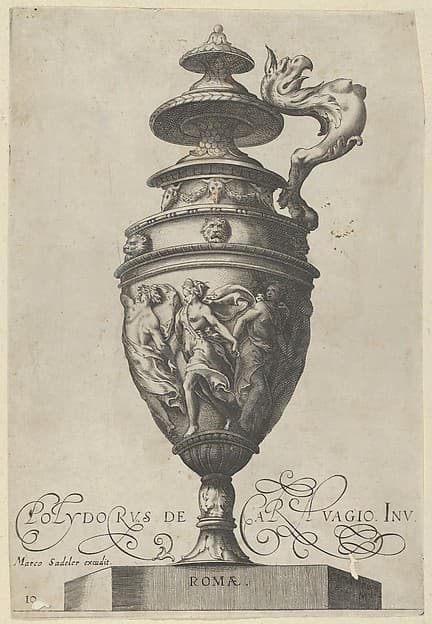 Plate 10: Lidded Vase With a Handle in the Shape of a Griffin and A Frieze With Draped Dancing Figures, from Antique Vases (Vasa a Polydoro Caravagino’)
