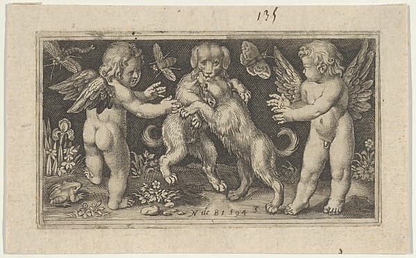 Two Genii with Two Dogs Fighting