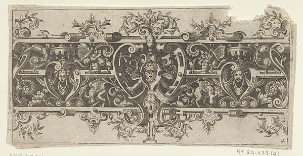 Frieze with Grotesques and a Horned and Bearded Figure Between Strapwork at Center