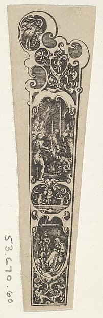 Design for a Knife Handle with a Couple Gathered Around a Fire at Bottom