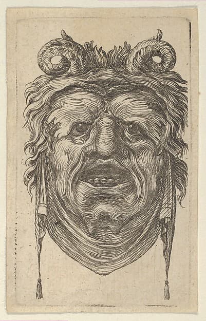 Satyr Mask with Curled Horns, Leafy Eyebrows and a Cloth Hanging Beneath the Chin, from Divers Masques