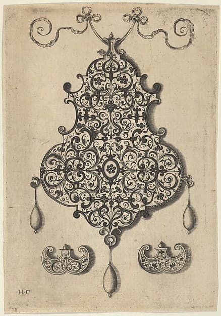Design for the Verso of a Pendant with an Oval Motif Between Strapwork