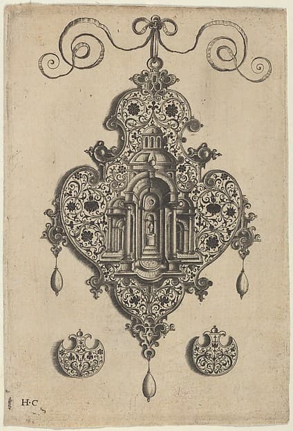 Pendant Design with a Domed Church and Urn Above Axe-Shaped Ornaments
