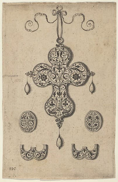 Design for the Verso of a Cross-Shaped Pendant Above a Pair of Oval Ornaments and Axe-Shaped Ornaments