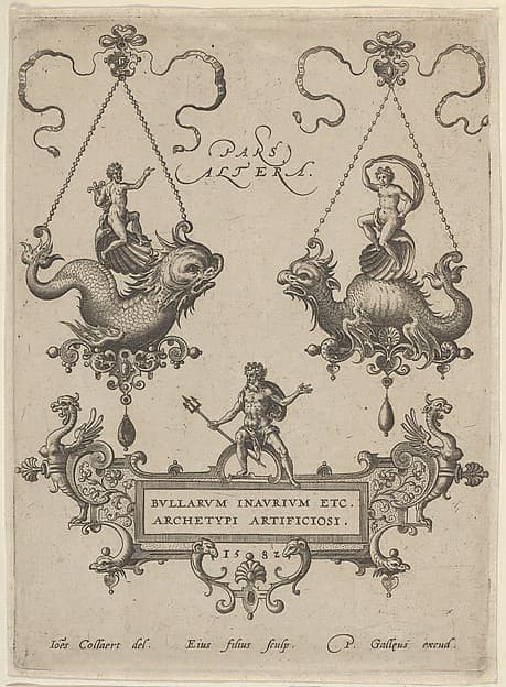 Title Plate with Two Pendant Designs Above and Neptune Standing on a Cartouche Below