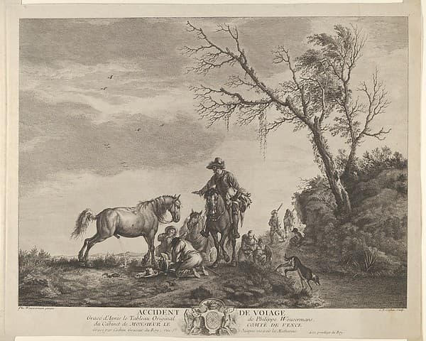 An accident while traveling, a kneeling man fixing a broken saddle, a horse pissing at the left