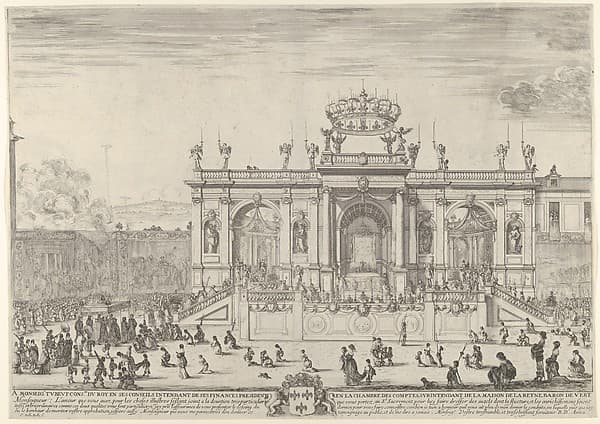 The altar of the holy sacrament; at left, the sacrament beneath a canopy, carried in procession and followed by the Louis XIV and Anne of Austria heading towards a large arched structure, spectators at left and right kneel in front of tapestries after Raphael