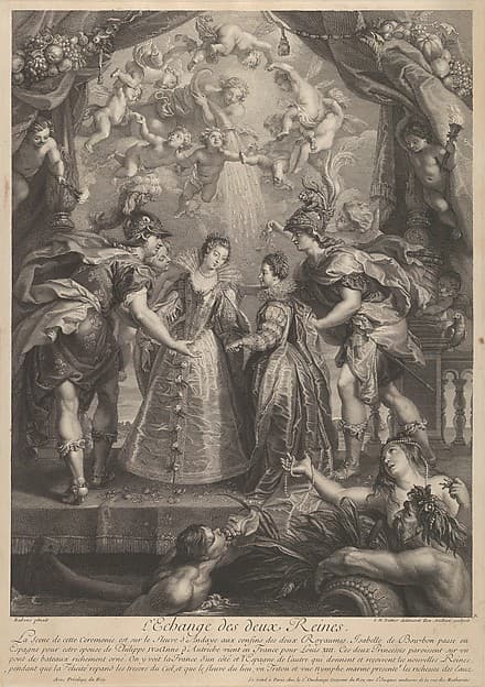 Plate 17: The exchange of the two princesses in Hendaye; allegorical scene with Anne of Austria and Elizabeth of Bourbon standing on a bridge holding hands from Recueil de la Galerie du Luxembourg
