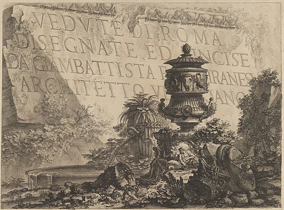 Title-page for the 'Vedute di Roma' comprising a stone in the background inscribed with the title, a classical vase and fragments of columns in the foreground