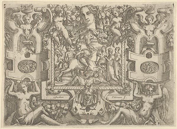 Figure on horseback holding a sword and riding over a figure lying on the ground, set within an elaborate frame