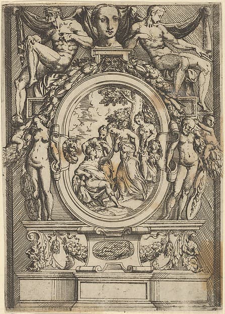 The Judgment of Paris; man seated at left reaches out to a woman who is flanked by two others, set within an elaborate frame