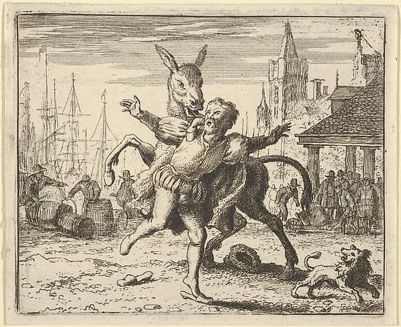 The Ass, Jealous of the Attention the Dog Is Getting From His Master, Looks to Imitate Him by Jumping at the Master's Neck from Hendrick van Alcmar's Renard The Fox
