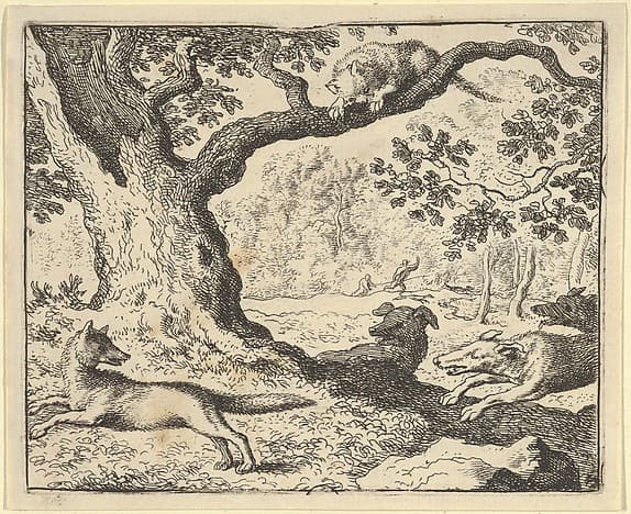 Following Renard's False Story, His Father Is Chased by Hunting Dogs from Hendrick van Alcmar's Renard The Fox