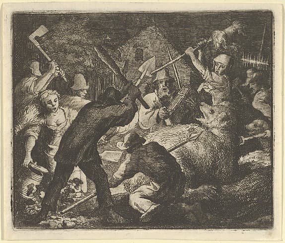 The Bear is Attacked by the Peasants from Hendrick van Alcmar's Renard The Fox