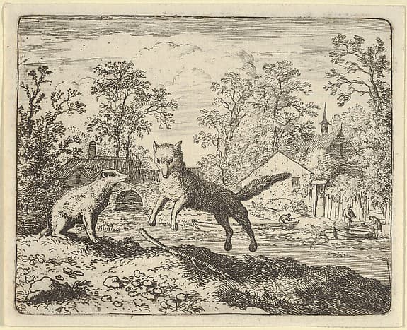 The Badger Imposes as Punishment to Jump Three Times Over a Stick on the Ground from Hendrick van Alcmar's Renard The Fox