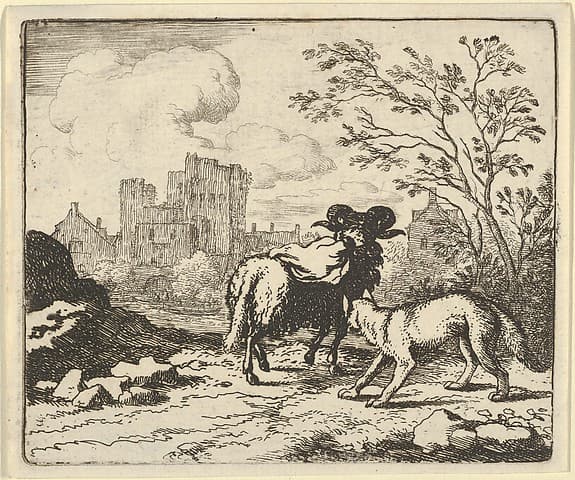 Renard Sends the Ram Back to the Lion with a Package Containing the Rabbit's Head from Hendrick van Alcmar's Renard The Fox